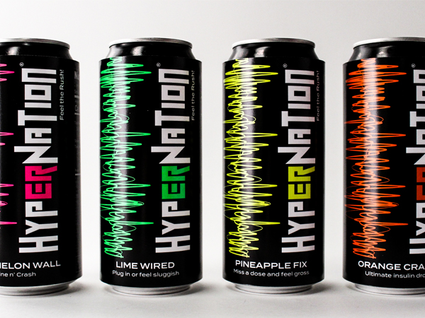 Four cans of HyperNation energy drink